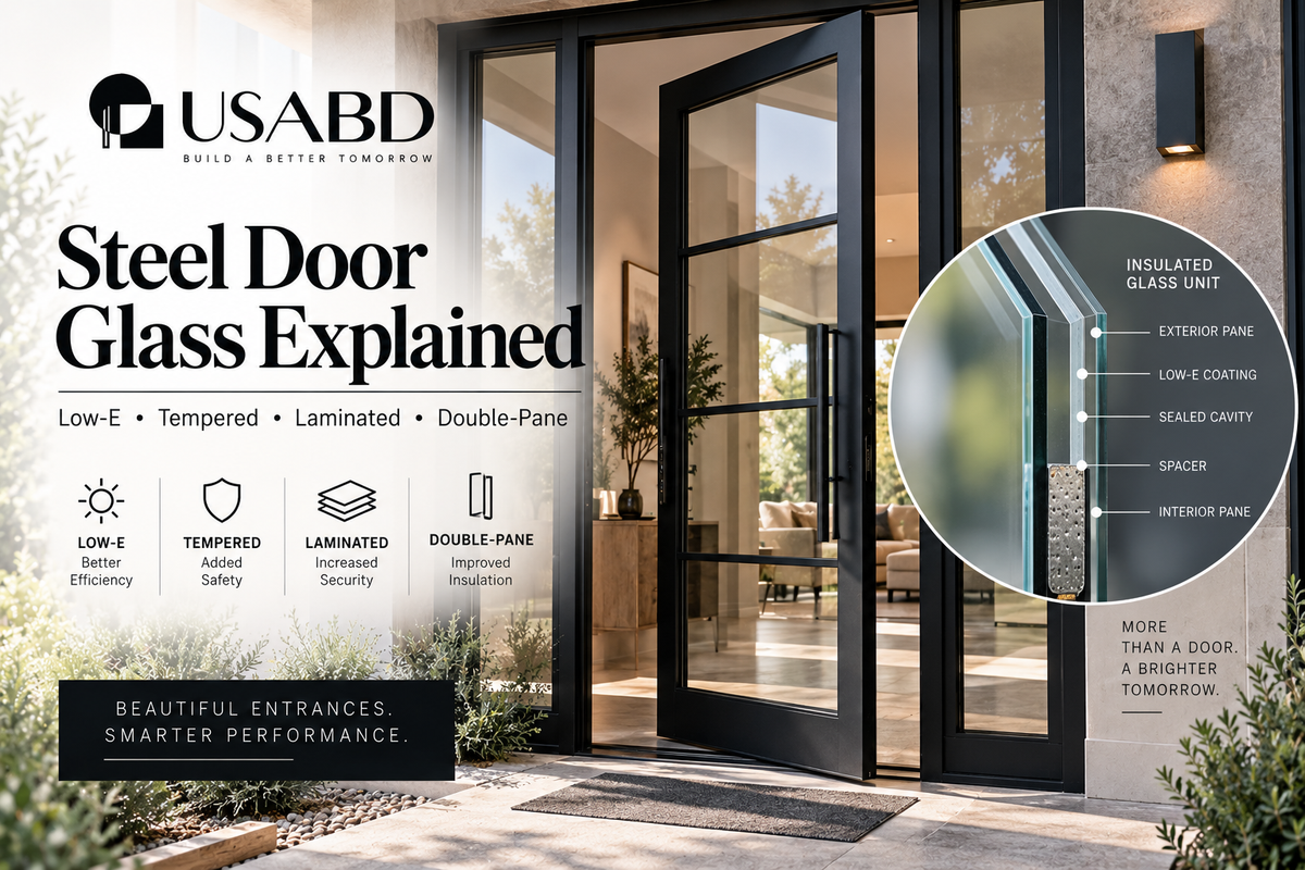 USA Builders Depot guide explaining steel door glass options including Low-E, tempered, laminated and double-pane glass.