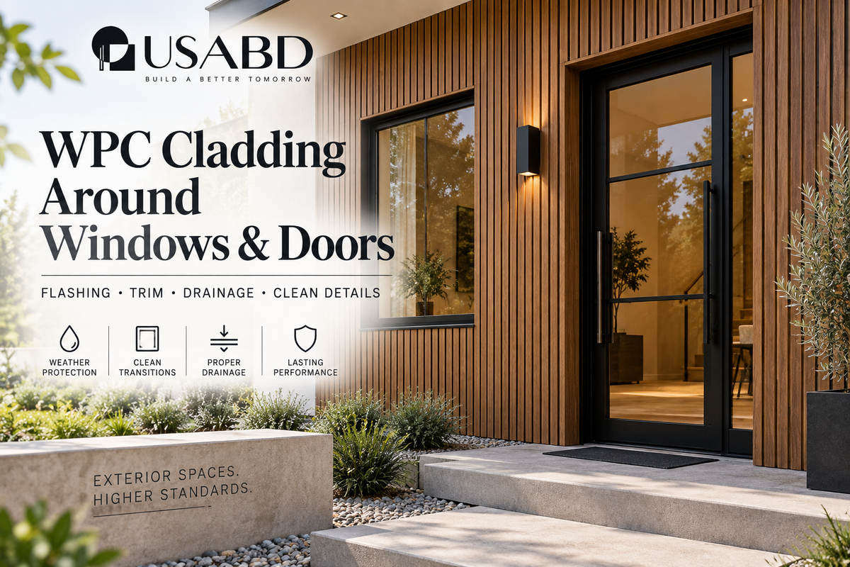 USA Builders Depot guide to WPC cladding around windows and doors, including flashing, trim, drainage and clean exterior details.