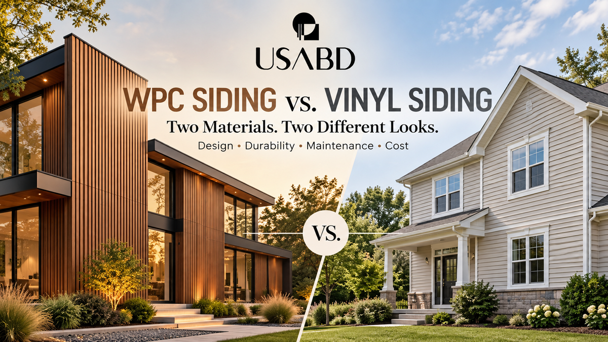 USA Builders Depot comparison: modern fluted wood-look WPC siding versus traditional horizontal vinyl siding on residential homes