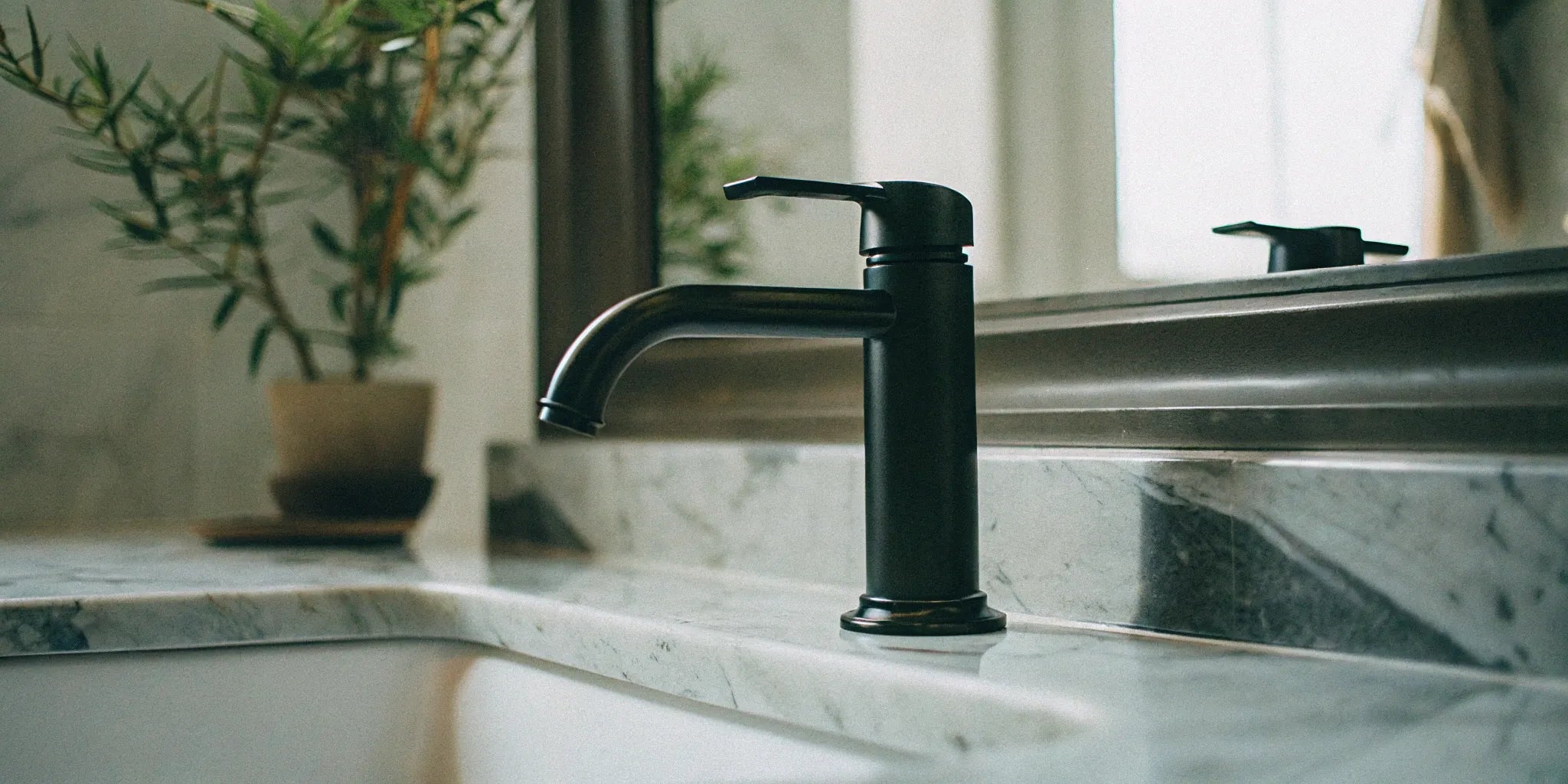 A modern single-hole matte black bathroom faucet on a marble countertop.