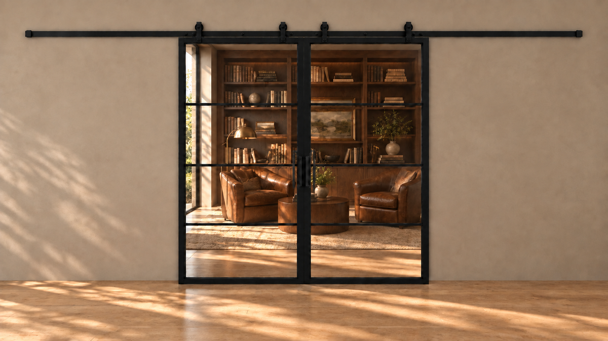 USABD 4 Lite interior double barn door with included rectangular pulls — library view
