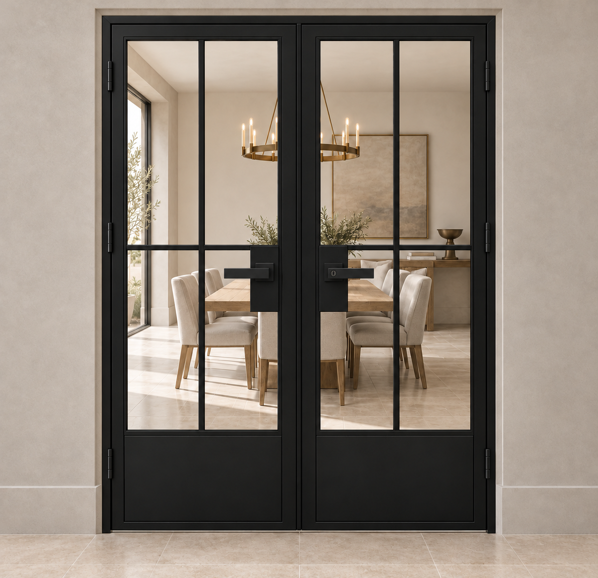 USABD 4 Lite interior double French door with grid and bottom panels and included lever hardware — dining view