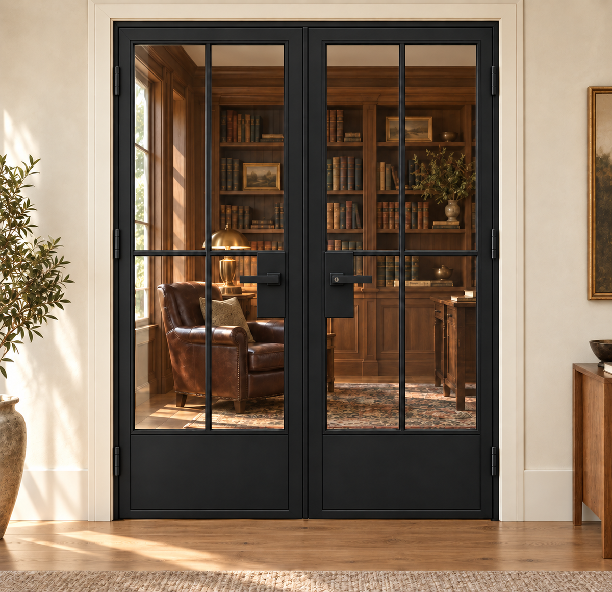 USABD 4 Lite interior double French door with grid and bottom panels and included lever hardware — library view