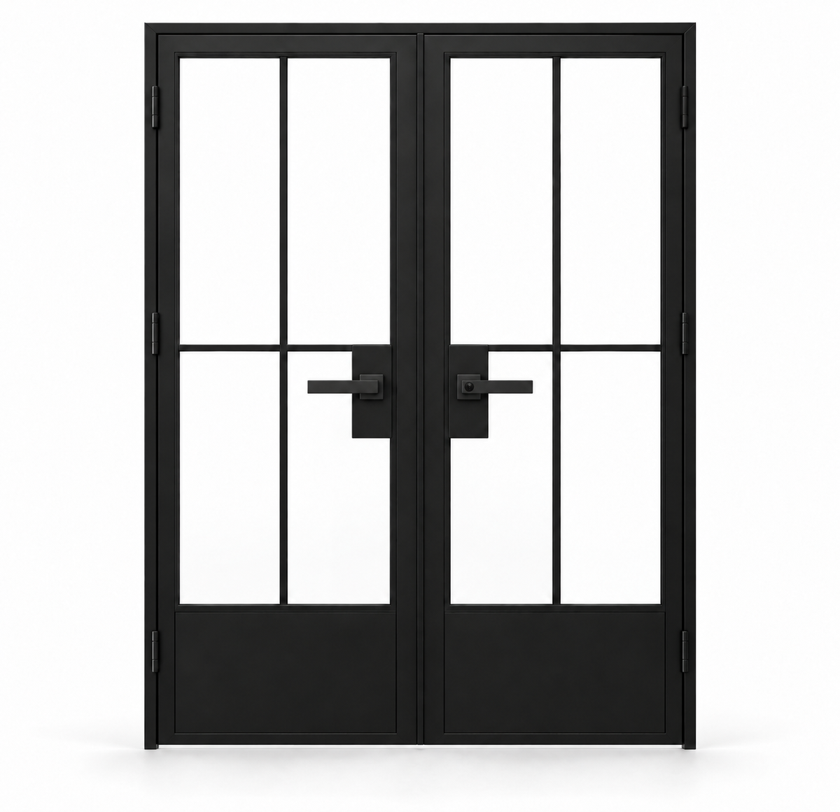 USABD 4 Lite interior double French door with grid and bottom panels and included lever hardware — studio view