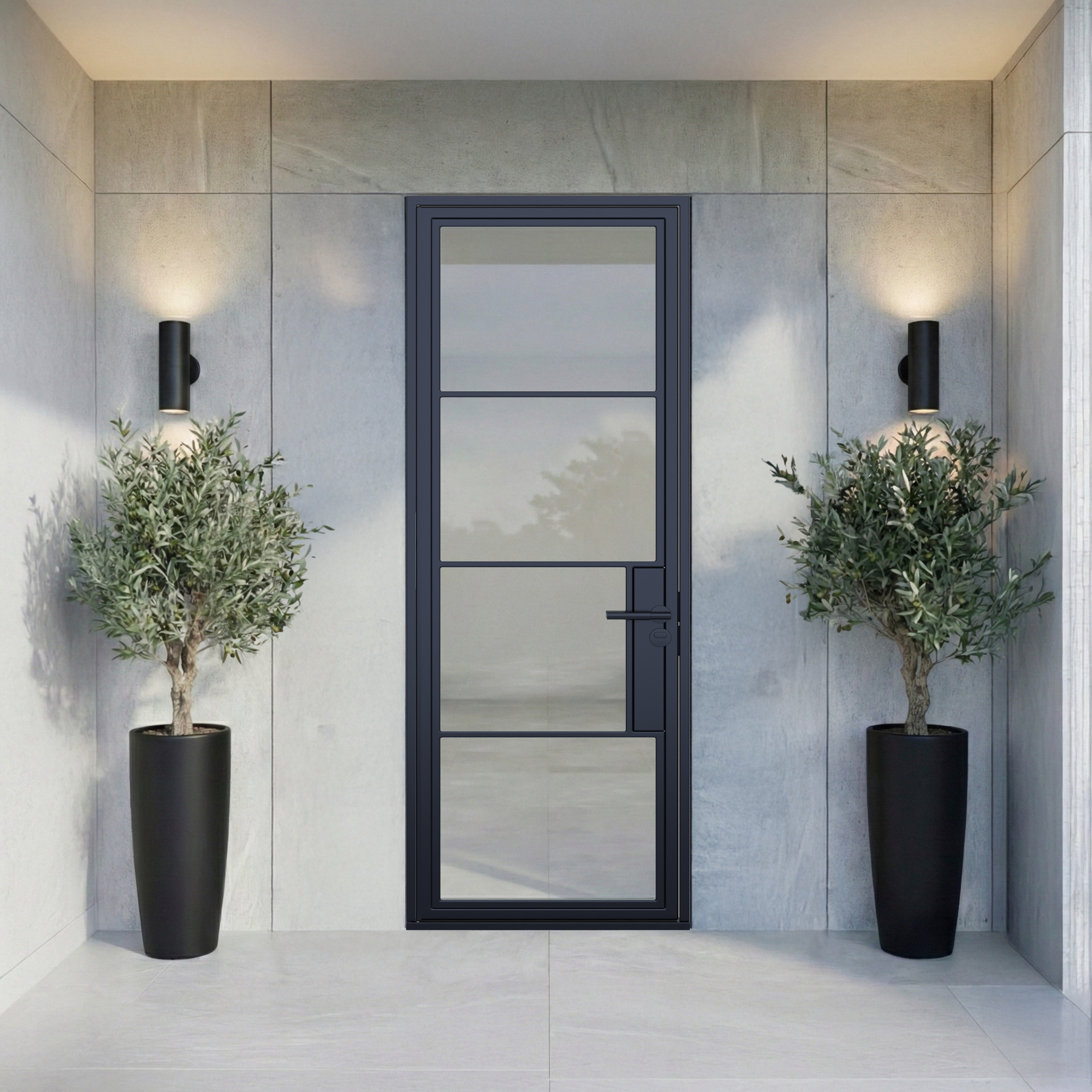 Modern black door with glass panels flanked by two potted plants against a light gray wall.