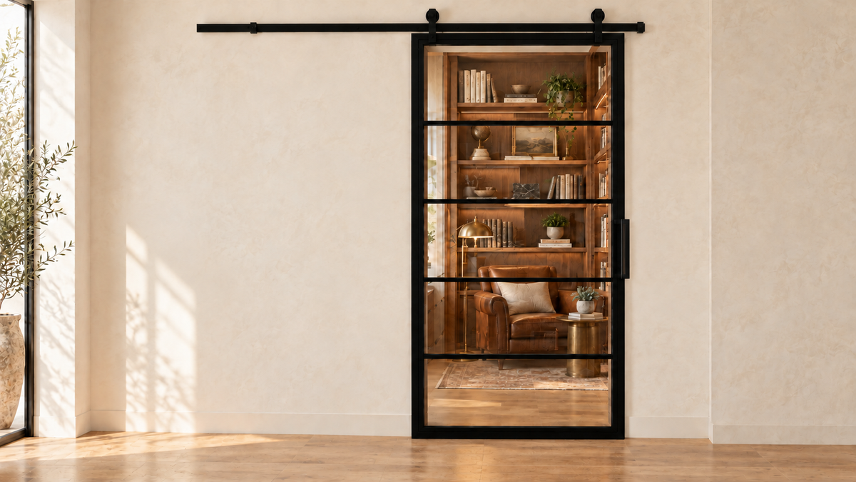 USABD five-lite clear-glass interior steel barn door with included rectangular pull — library