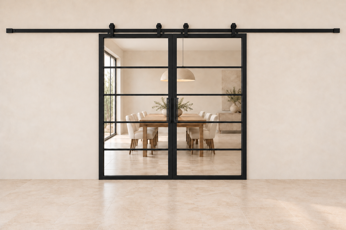 5 Lite double sliding interior steel barn doors with included rectangular pulls — dining