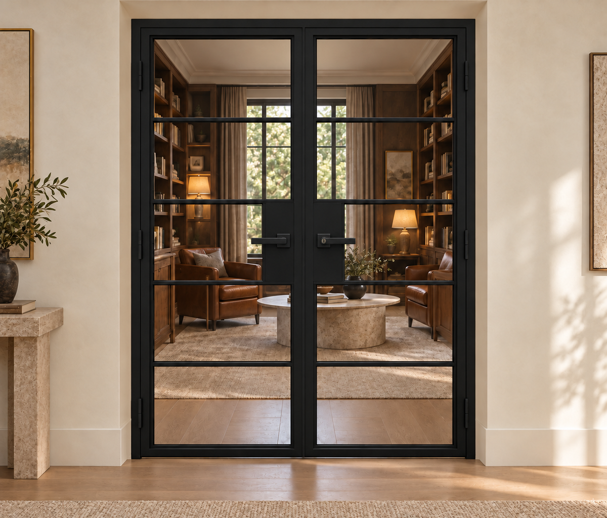 5 Lite double hinged interior steel doors with included rectangular lever hardware — library