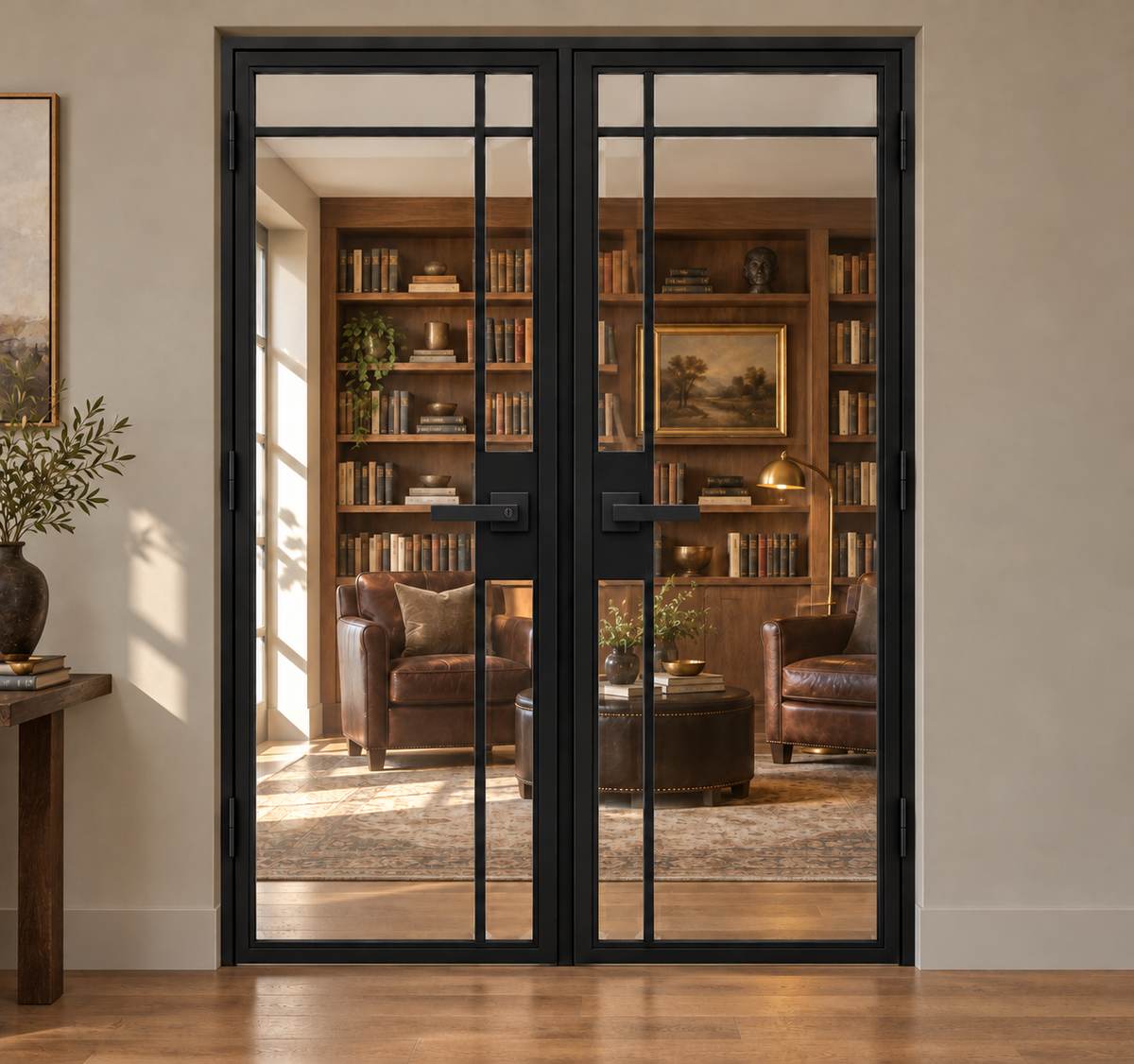 USABD 5 Lite interior steel double door with offset side and top dividers and included lever hardware — library