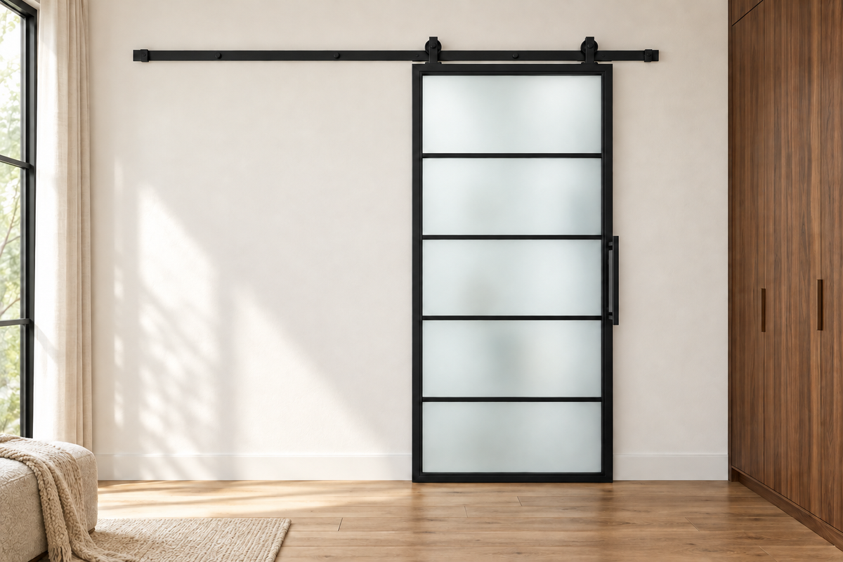 USABD five-lite frosted-glass interior steel barn door with included rectangular pull — dressing