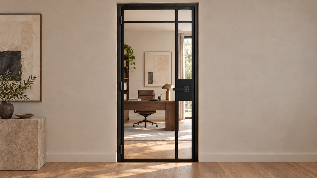 USABD 5 Lite interior steel door with offset side and top dividers, included black lever lock — office setting
