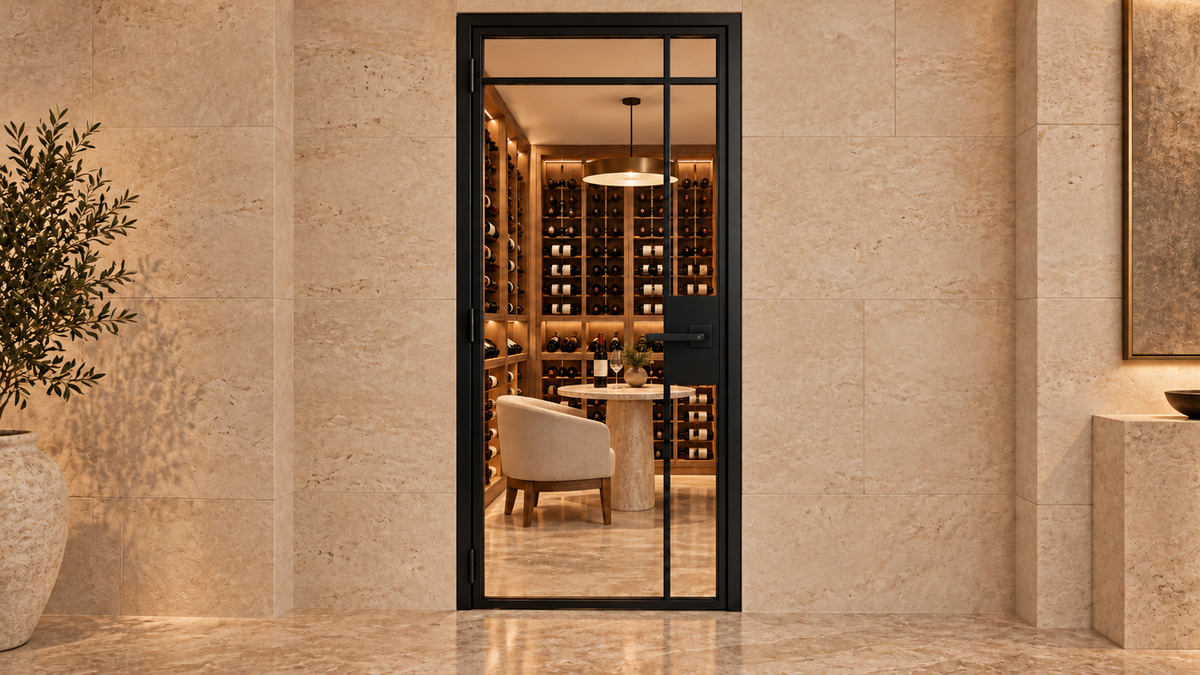 USABD 5 Lite interior steel door with offset side and top dividers, included black lever lock — wine setting