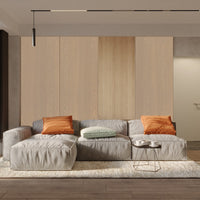 Natural Veneered Wall Panel Elm with Gray Cathedral Grain sofa