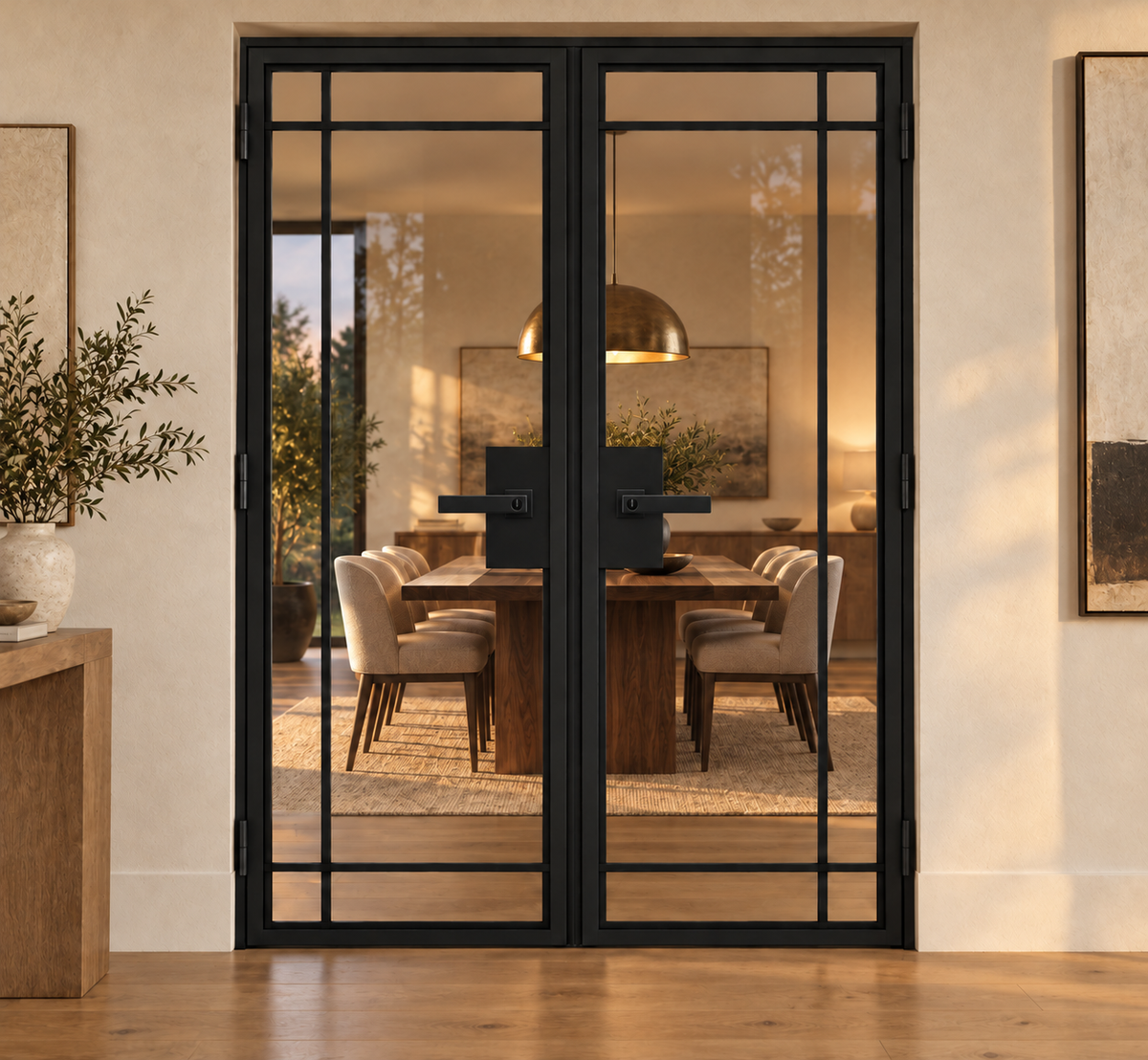 6 Lite outward-opening double interior steel door with included rectangular lever hardware — dining
