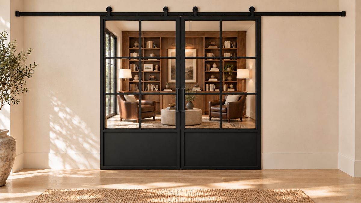 6 Lite double interior barn door with steel lower panels and included rectangular pulls — library