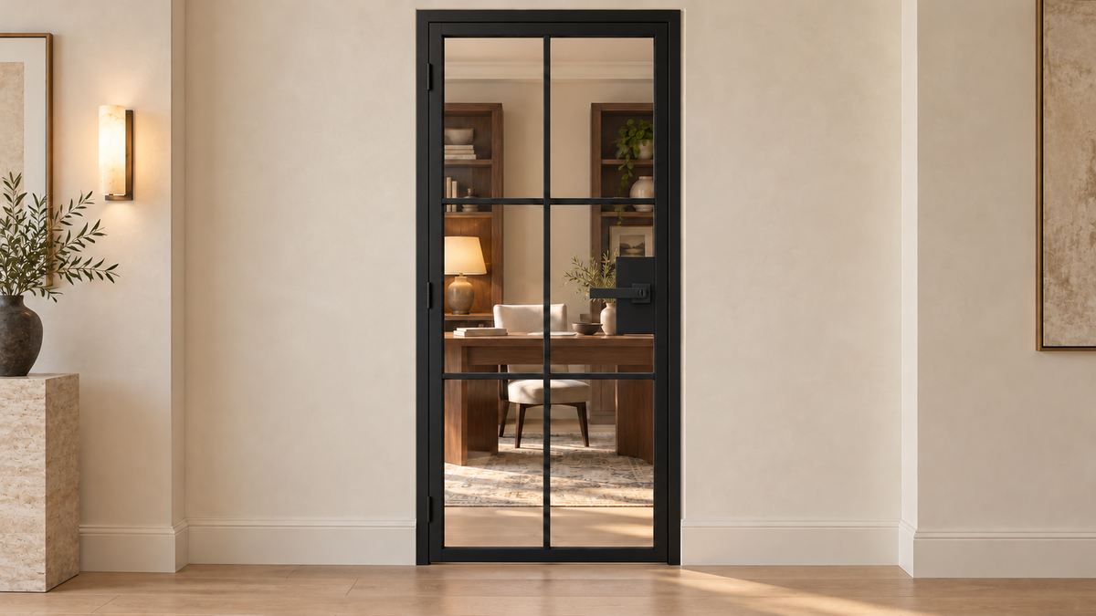 USABD six-lite full-height-grid interior hinged steel door with included lever lock — office