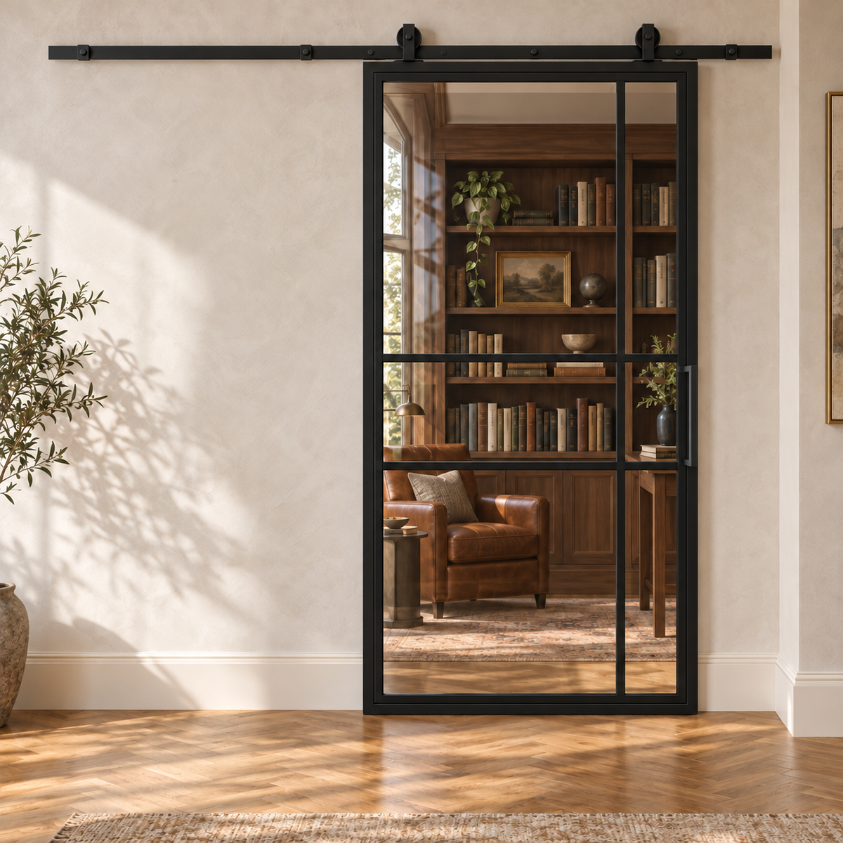 6 Lite Offset Grid clear-glass single interior barn door with included rectangular pull — library