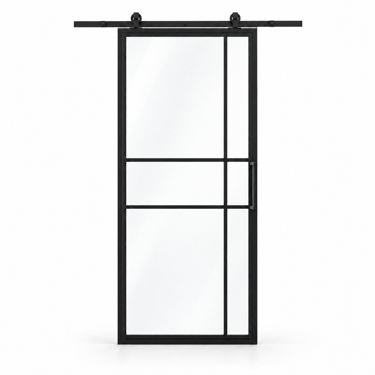 6 Lite Offset Grid clear-glass single interior barn door with included rectangular pull — studio