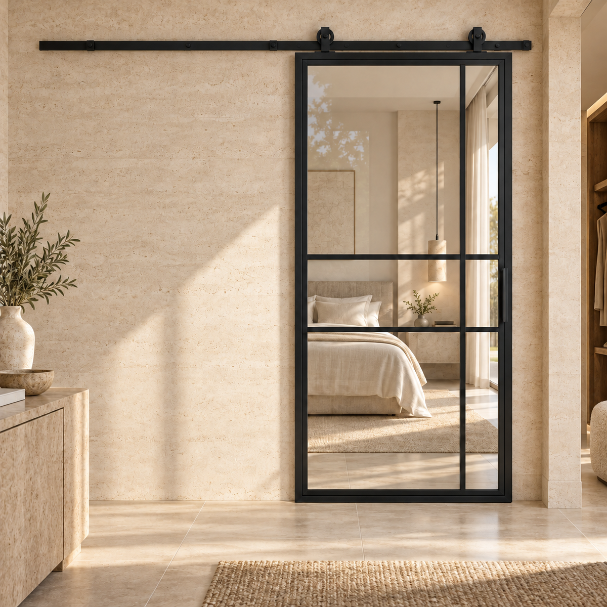 6 Lite Offset Grid clear-glass single interior barn door with included rectangular pull — suite