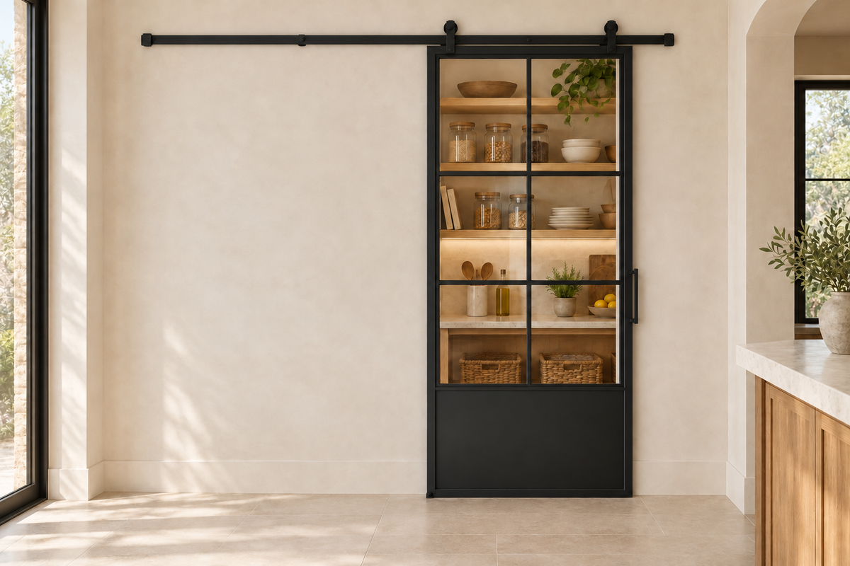 6 Lite single interior steel barn door with solid lower panel and included rectangular pull — pantry