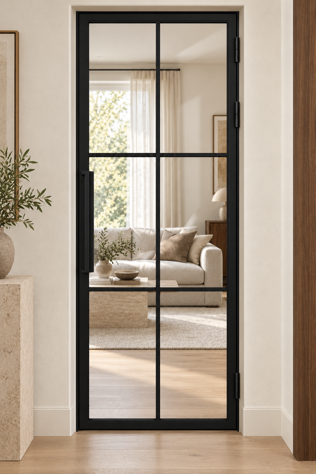 USABD six-lite hinged interior steel door with included rectangular tall pull — living