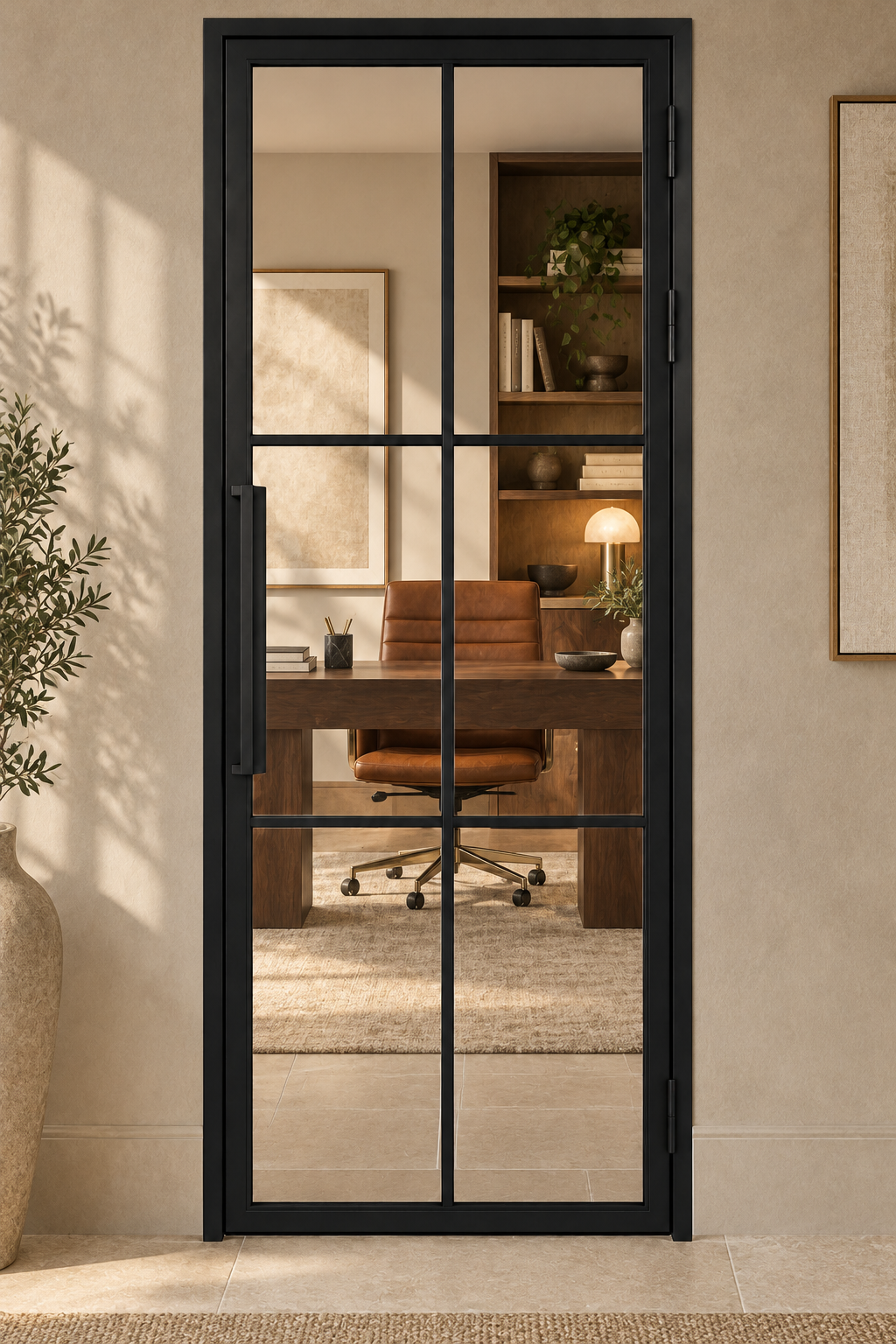 USABD six-lite hinged interior steel door with included rectangular tall pull — office