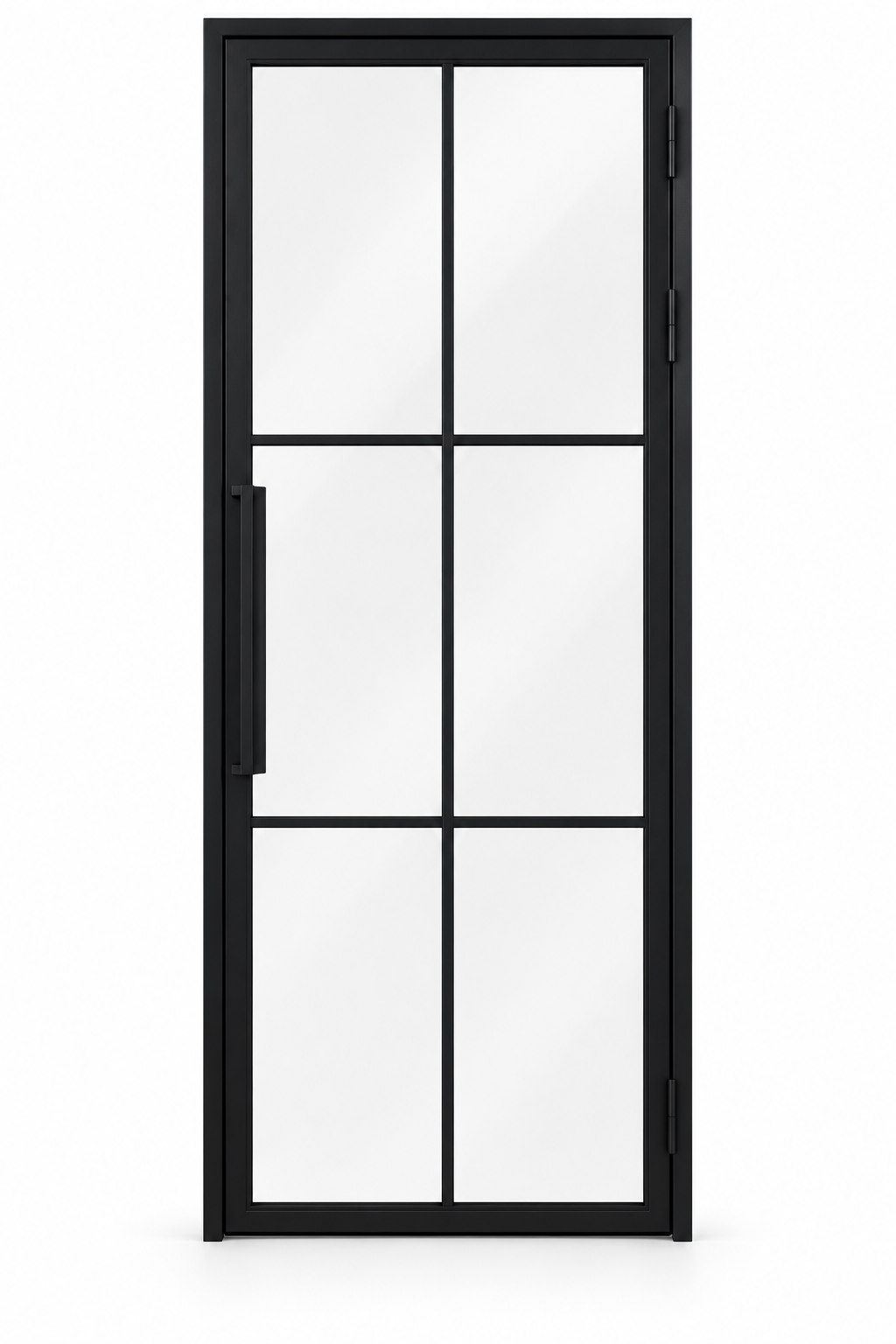 USABD six-lite hinged interior steel door with included rectangular tall pull — studio