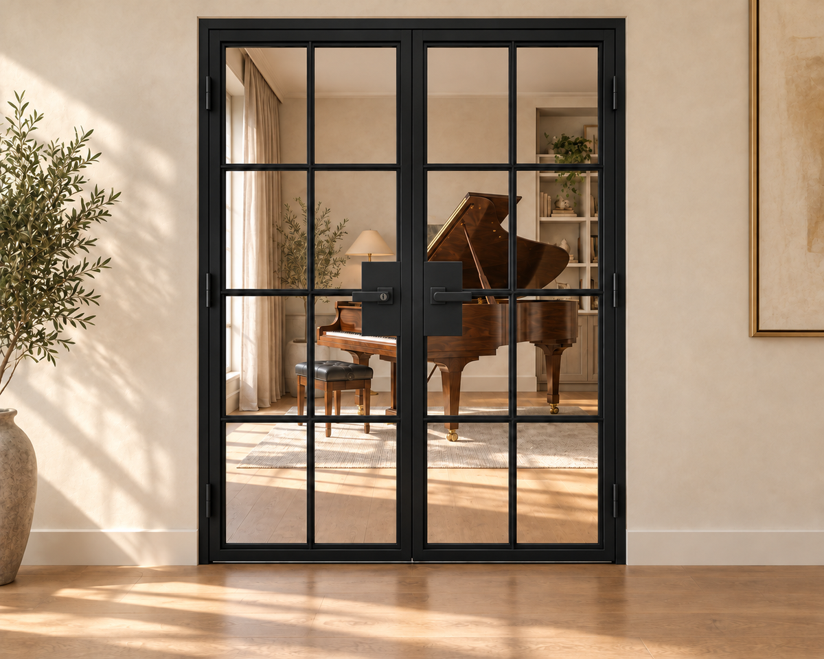 8 Lite interior steel double French door with included lever hardware – music