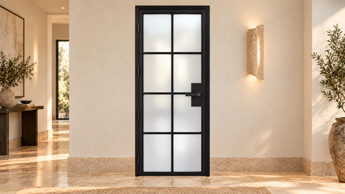 8 Lite frosted-glass interior steel door with included keyed lever – suite