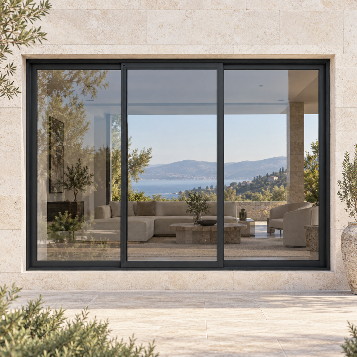 Three-panel black thermally broken aluminum sliding window in an ivory limestone exterior.