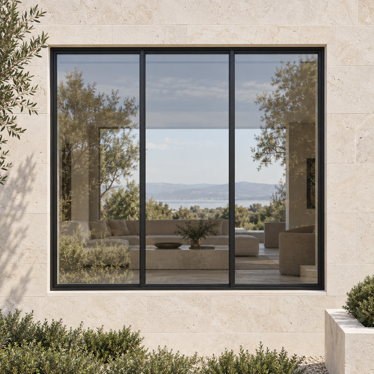 3 Lite fixed black thermally broken aluminum window in an ivory limestone exterior.