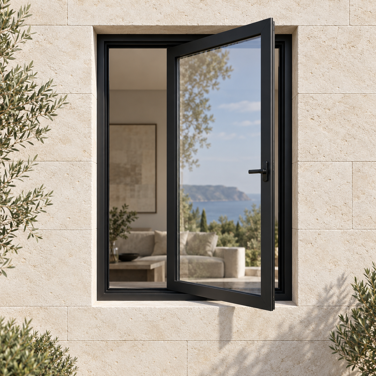 1 Lite black thermally broken aluminum casement window open in an ivory limestone exterior.