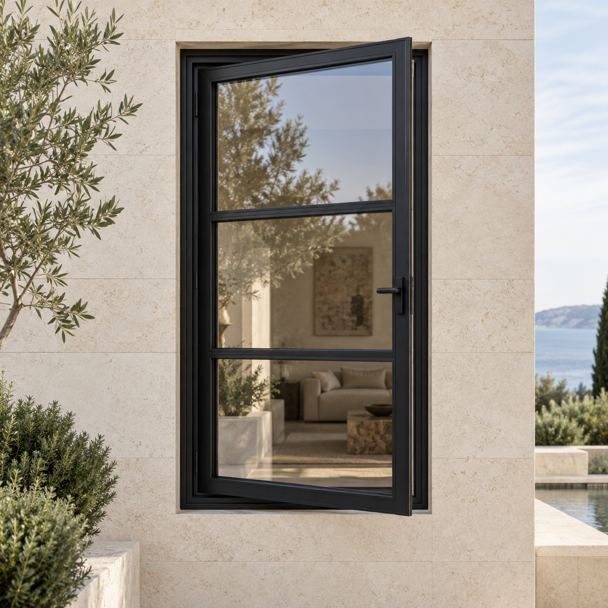 3 Lite black thermally broken aluminum casement window open in an ivory limestone exterior.