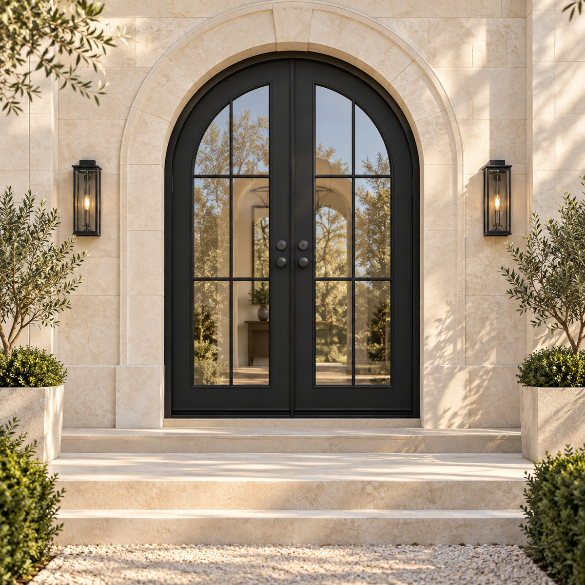 Evergreen Double thermally broken black steel door in a luxury limestone exterior — lifestyle visualization