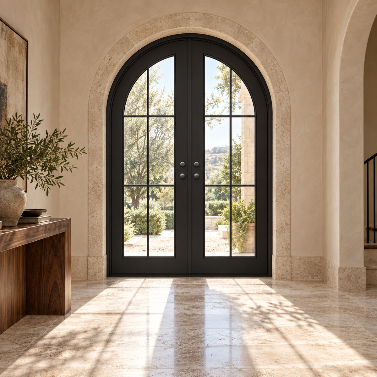 Evergreen Double thermally broken black steel door in a luxury interior foyer — lifestyle visualization