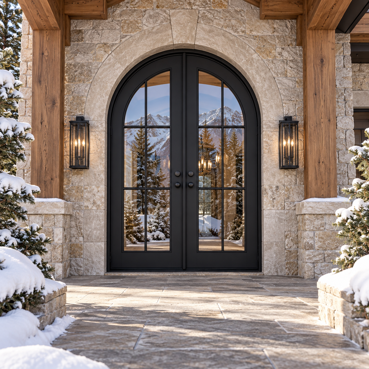 Evergreen Double thermally broken black steel door in a luxury winter mountain home — lifestyle visualization