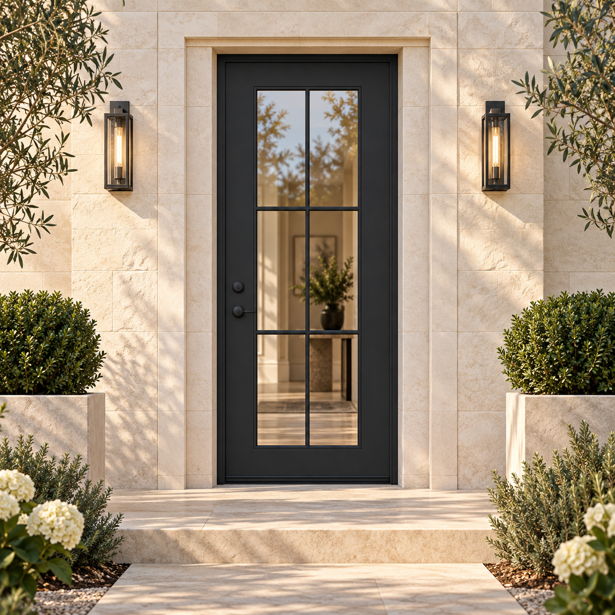 Evergreen Single thermally broken black steel door in a luxury limestone exterior — lifestyle visualization