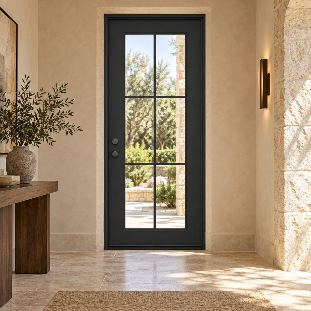 Evergreen Single thermally broken black steel door in a luxury interior foyer — lifestyle visualization