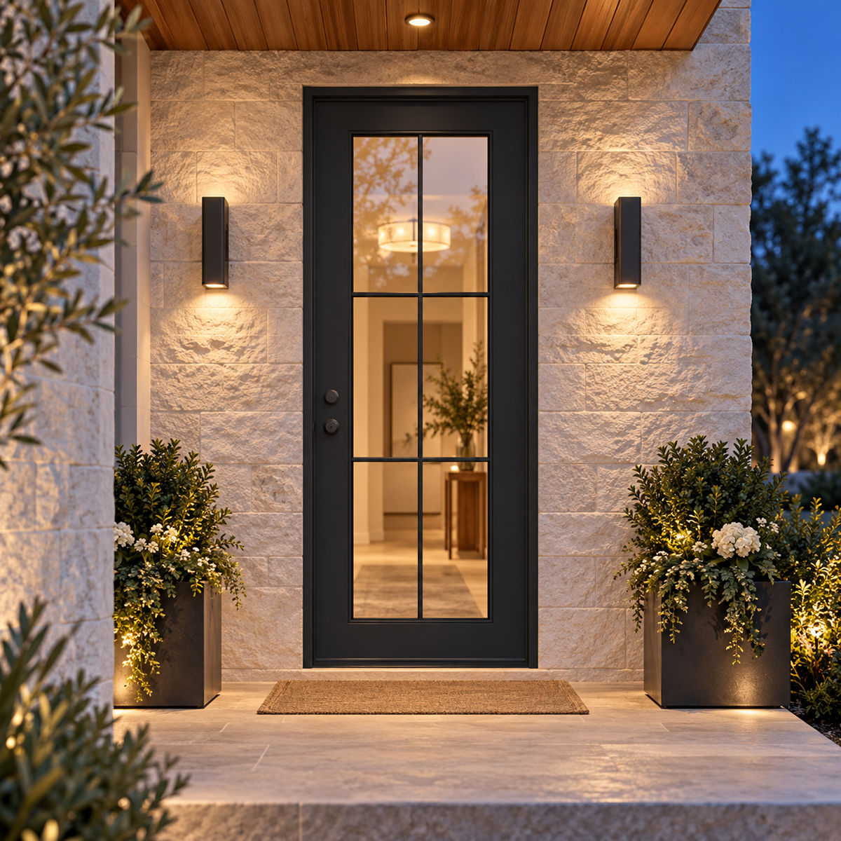 Evergreen Single thermally broken black steel door in a luxury evening entryway — lifestyle visualization