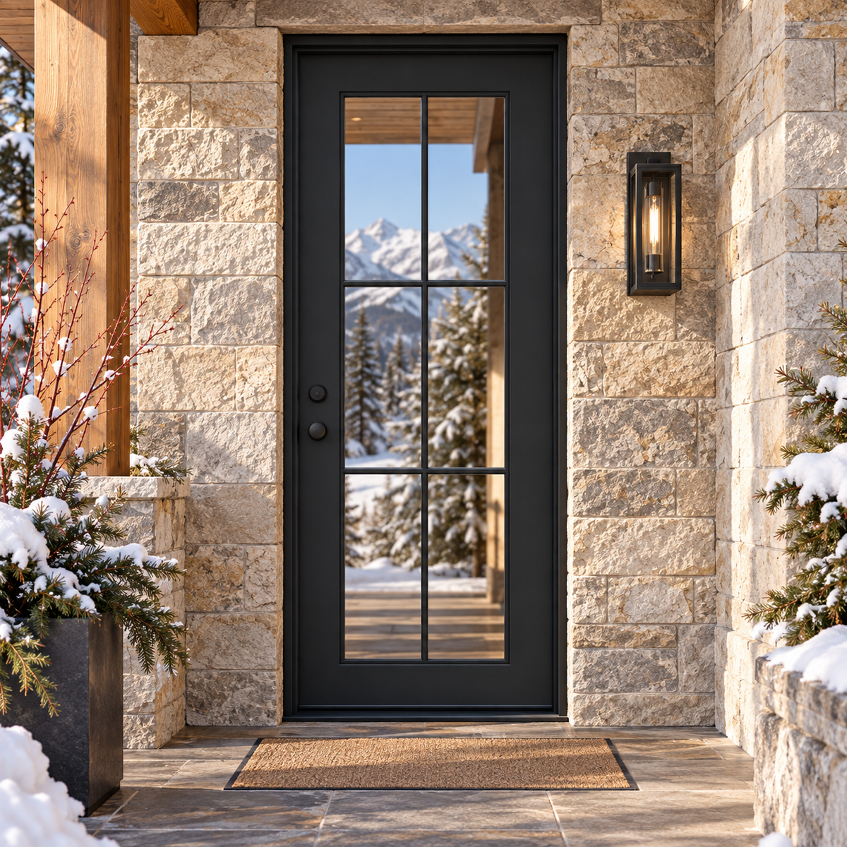 Evergreen Single thermally broken black steel door in a luxury winter mountain home — lifestyle visualization