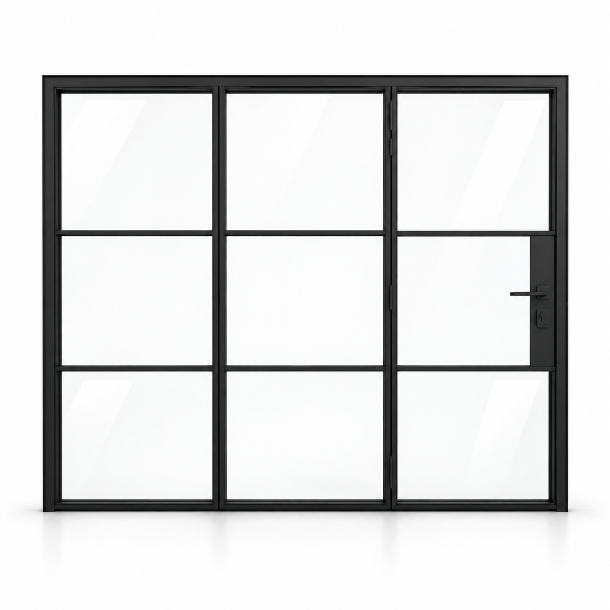 3S three-panel black steel bifold door on a white background — product visualization