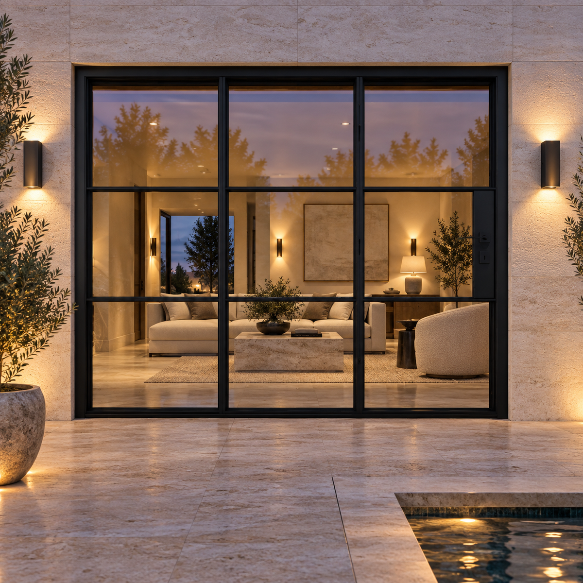 3S three-panel black steel bifold door on a travertine terrace at blue hour — lifestyle visualization