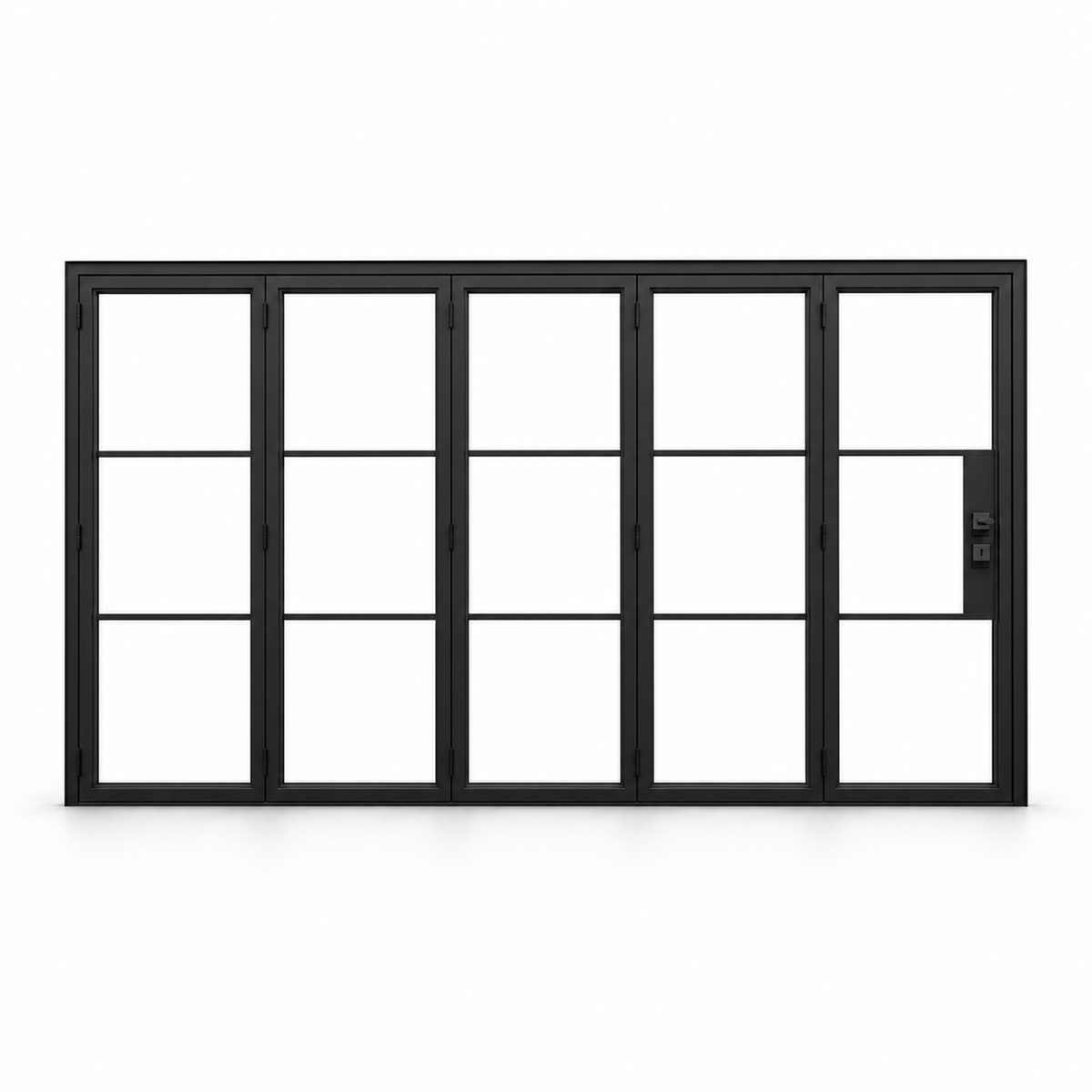 Black 3-Lite five-panel steel bifold door on a white background — product visualization