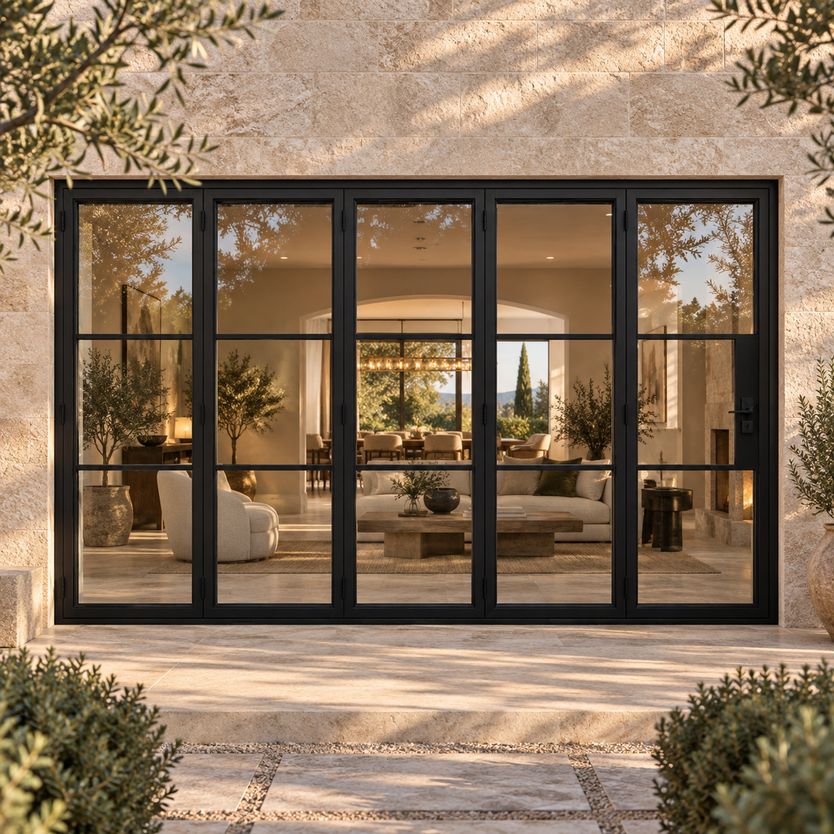 Black 3-Lite five-panel steel bifold door in a luxury limestone residence — lifestyle visualization