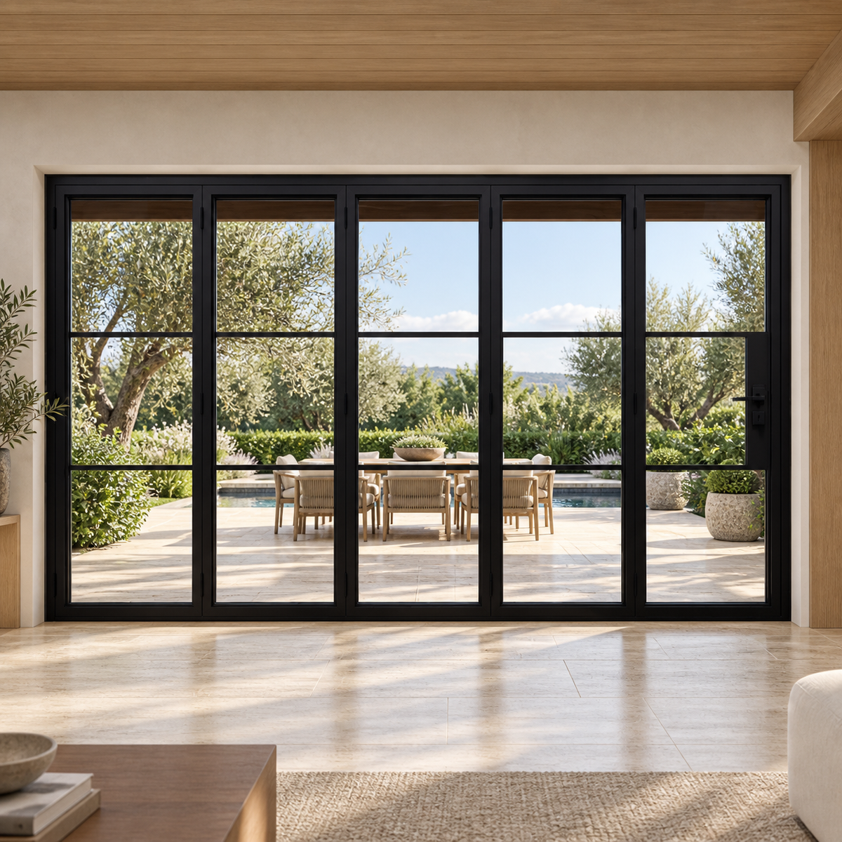 Black 3-Lite five-panel steel bifold door overlooking a landscaped garden terrace — lifestyle visualization