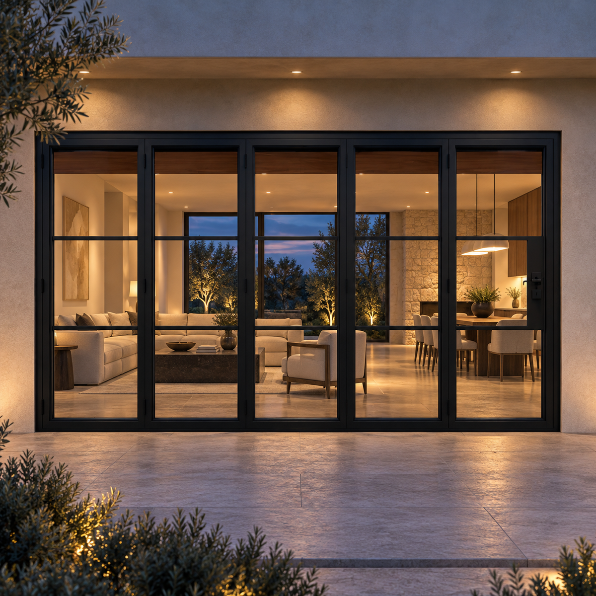 Black 3-Lite five-panel steel bifold door at a warmly lit modern residence at dusk — lifestyle visualization