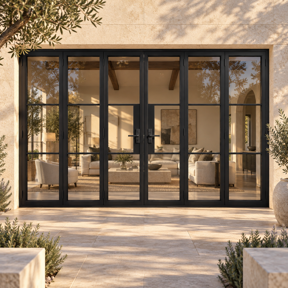 Black 3-Lite - 3+3 Panel Steel Bifold Door in a limestone villa courtyard — lifestyle visualization