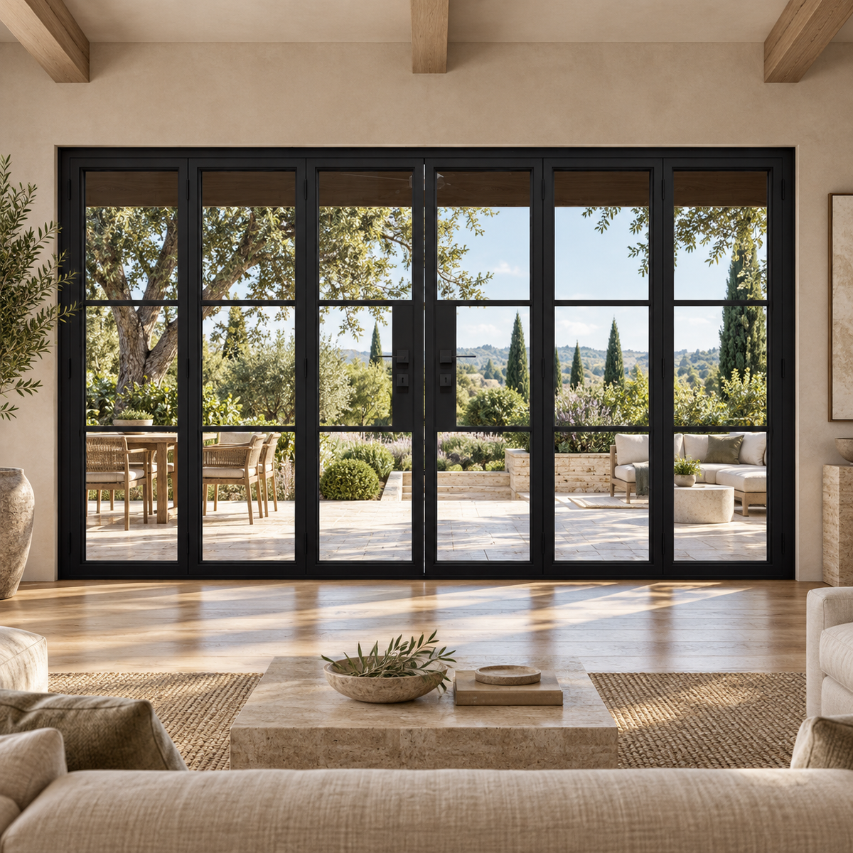 Black 3-Lite - 3+3 Panel Steel Bifold Door overlooking a landscaped terrace — lifestyle visualization