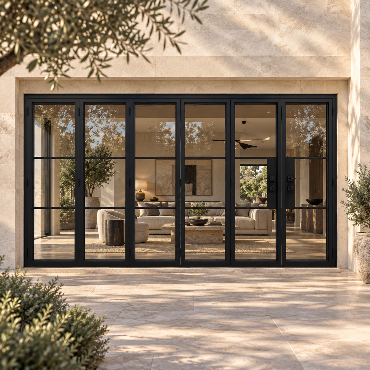 Black 3-Lite - 5+1 Panel Steel Bifold Door in a limestone villa courtyard — lifestyle visualization