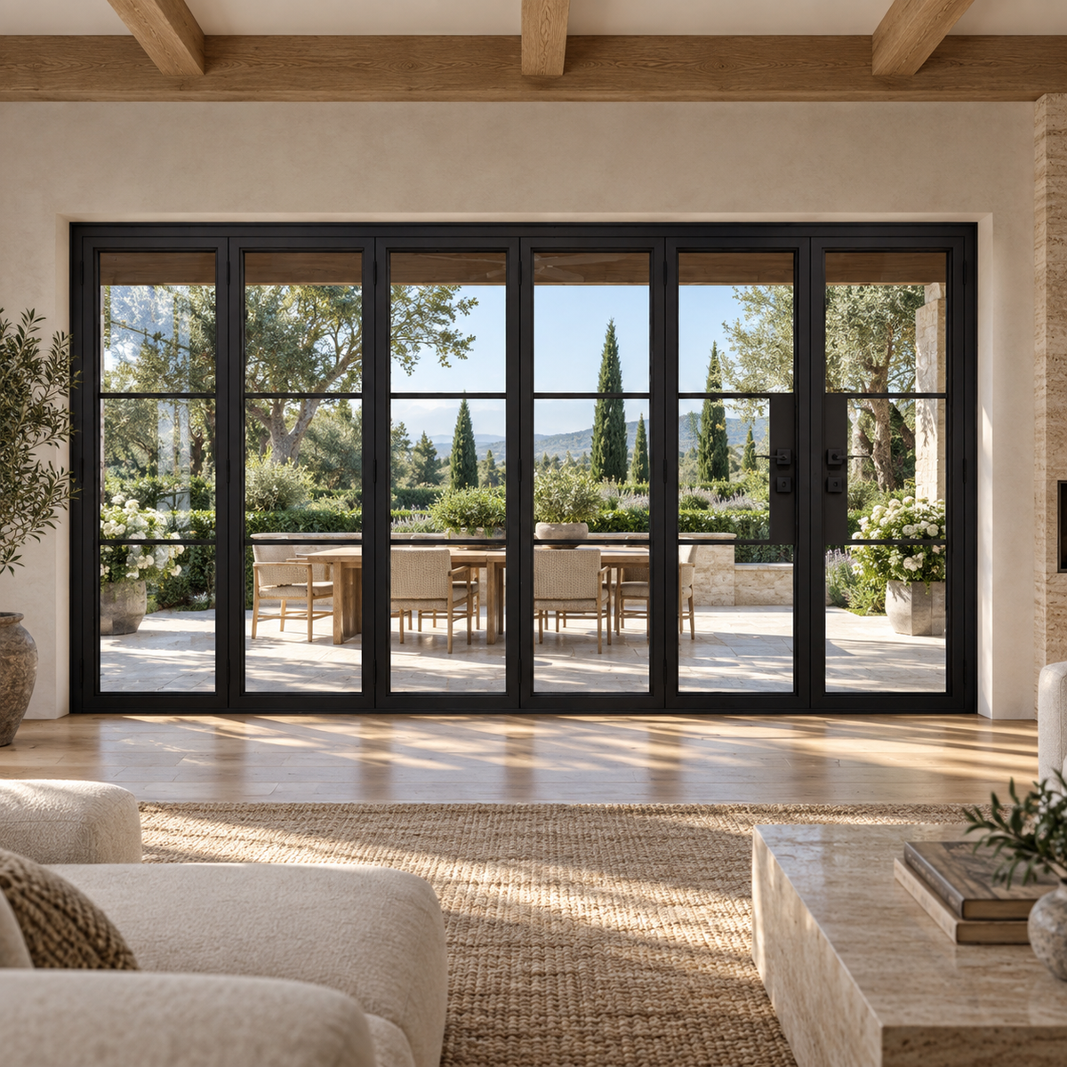 Black 3-Lite - 5+1 Panel Steel Bifold Door overlooking a landscaped terrace — lifestyle visualization
